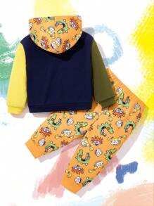 Nick 90s X SHEIN Tuta da 2 pezzi composta da felpa con cappuccio e pantaloni garzati a blocchi di colore con grafica di dinosauro per bambini maschi
