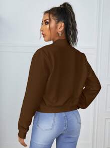 SHEIN Essnce 休闲纯色拉链短款夹克，春/秋 - 咖啡棕 - 查看 2