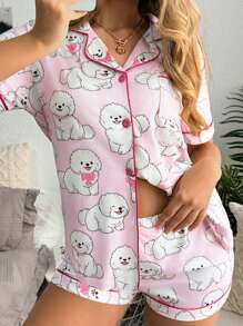 SweetSlumber 2 piezas Conjunto de pijama casual con collar lindo de cachorro para mujer