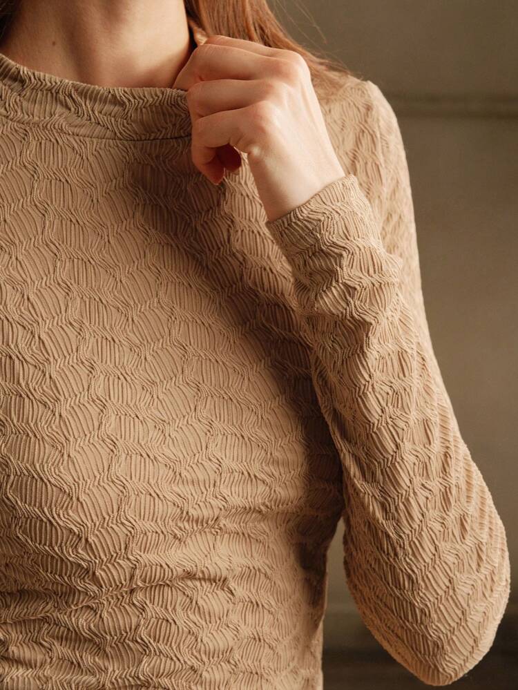 Women's Elegant Casual Khaki Wavy Hem Knit Top Long Sleeve T-Shirt