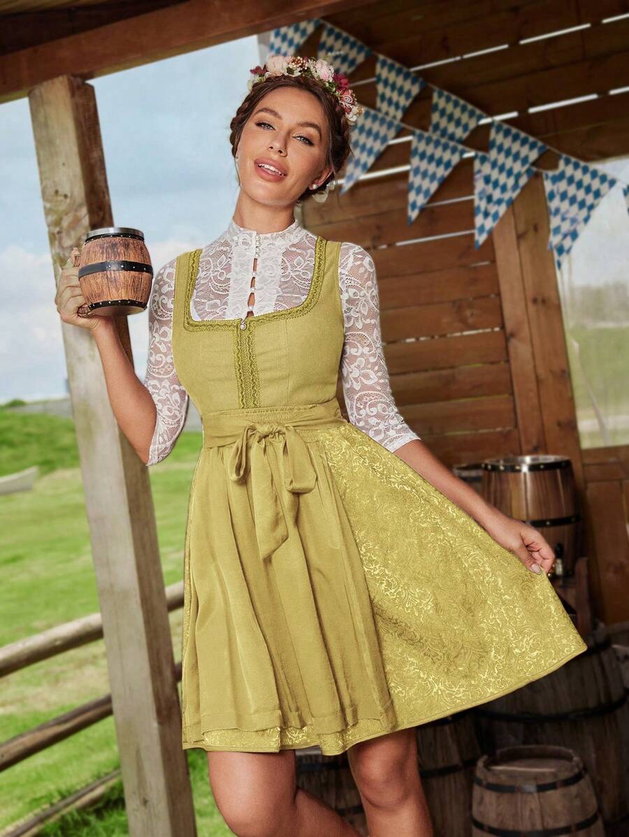 Chiquease Vestido evasé de jacquard con aplicación de encaje para damas - Amarillo - Ver 1