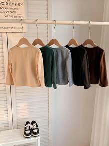 SHEIN Leap Crew 男婴 5 件装百搭纯色长袖 T 恤，休闲日常穿着基本款上衣，黑色、灰色、卡其色、棕色、绿色多色 - 彩色 - 查看 2