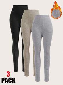 SHEIN EZwear Women's Solid Color Rib Knitted Leggings, Multicolor - Multicolor - View 1