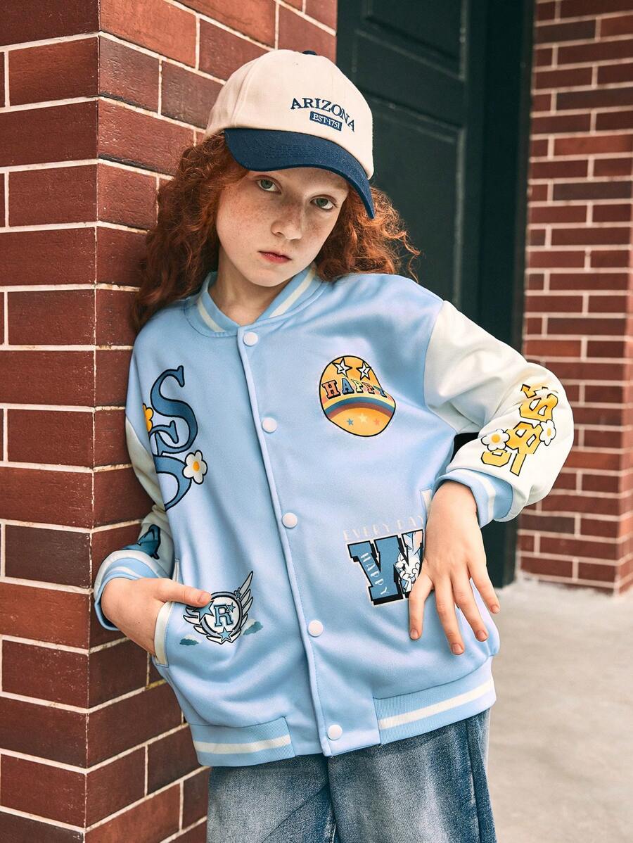SHEIN Áo khoác bóng chày in chữ màu xanh và trắng cho bé gái tuổi teen có 2 túi, màu tương phản - Nhiều màu - Xem 1