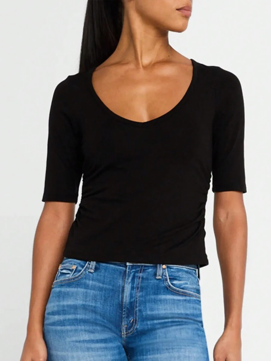 INAWLY Women's Solid Color V-Neck Short Sleeve Casual T-Shirt, Spring Summer - Black - View 1