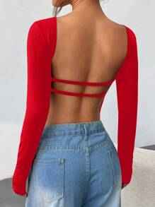 SHEIN EZwear Camiseta de manga larga ajustada y recortada sin espalda tejida para mujeres