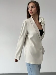 Aloruh Loose Fit Elegant Long Sleeve Oversized Women Suit Jacket - Apricot - View 5