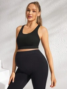 SHEIN Pregnant Women Simple Solid Round Neck Sleeveless Sport Tank Top, Casual Daily Wear, For Maternity - Black - View 4