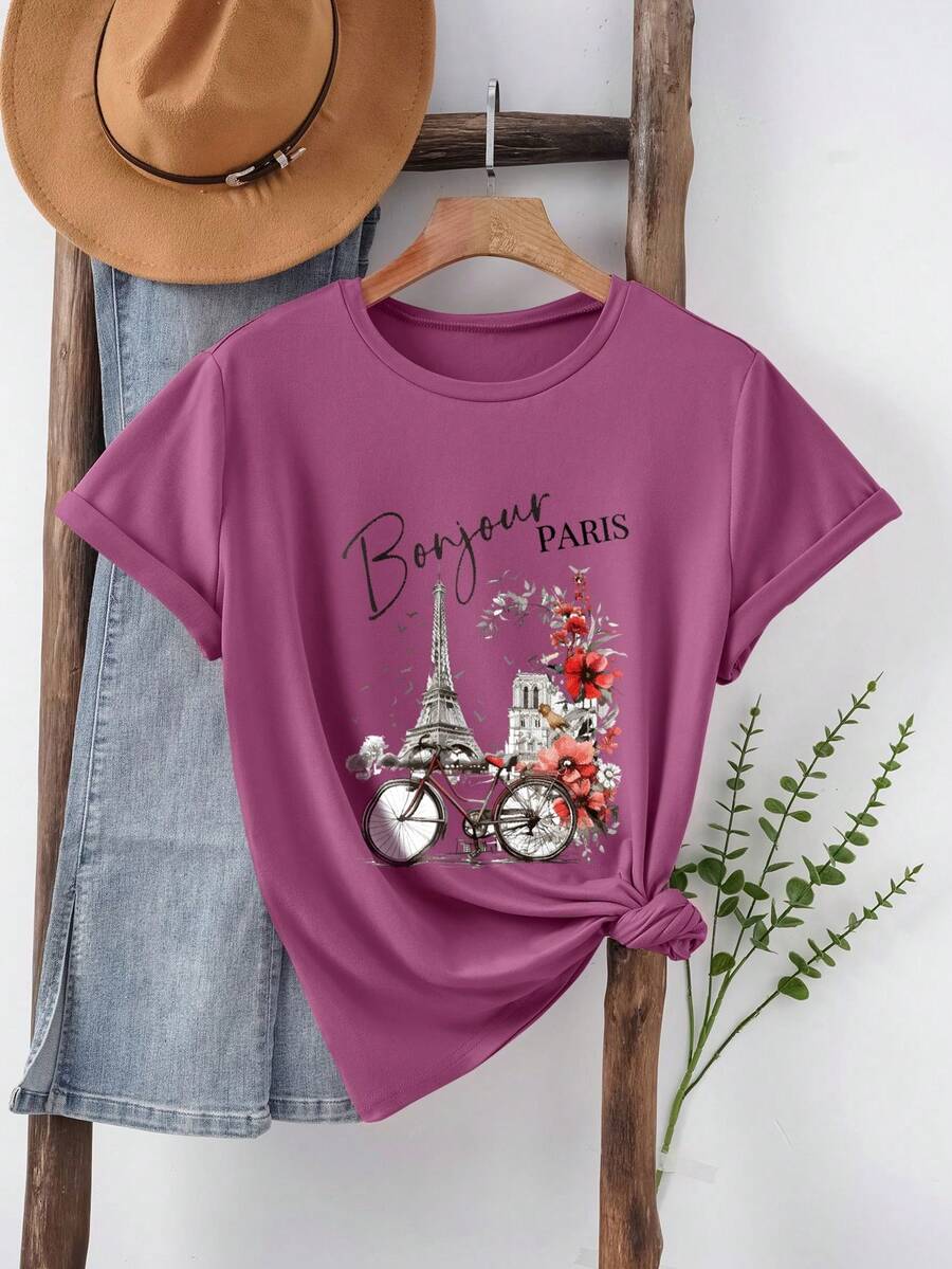 INAWLY Áo thun cổ tròn tay ngắn in chữ và xe đạp - Màu đỏ tím - Xem 1