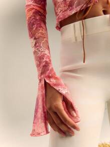 SHEIN Unity Áo thun dài tay xẻ cổ tay nhiều màu có chi tiết buộc dây phía trước - Màu Hồng baby - Xem 8