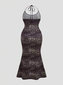 SHEIN Unity Plus Size Women's Halterneck Leopard Print Sexy Mermaid Ombre Bodycon Fitted Party Club Vacation Midi Dress
