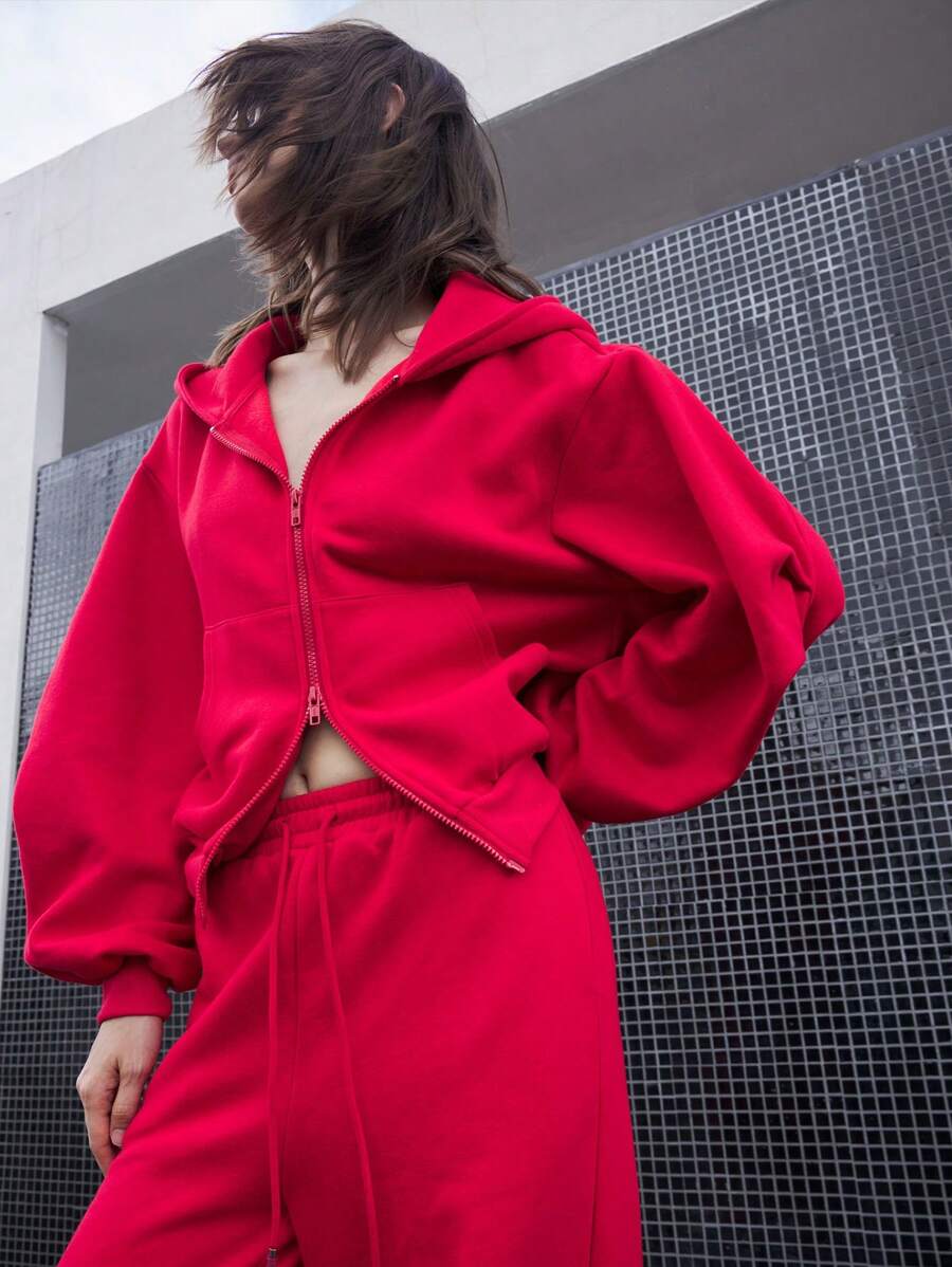 Ontre Oversized Hoodie With Zipper, Long Sleeve, Red Fall Women Clothes,Cotton - Red - View 1