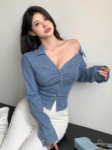DAZY 女款拼接長袖牛仔襯衫，秋季服飾，牛仔短版外套 - 藍色 - 查看 4