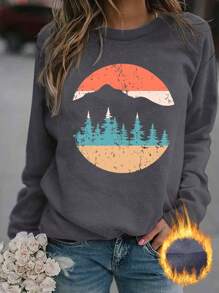 Ladies' Casual Minimalist Round Neck Sweatshirt With Sunrise Print Design,Ladies Spring/Fall Casual Long Sleeve Round Neck Regular Fit Regular Dark Grey Drop Shoulder Pullovers Women Hoodies,Winter Warmth/ Winter - Dark Grey - View 1