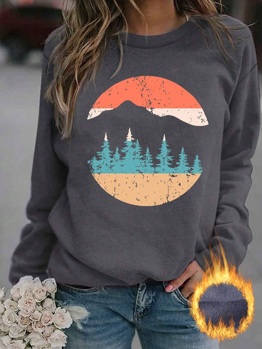 Ladies' Casual Minimalist Round Neck Sweatshirt With Sunrise Print Design,Ladies Spring/Fall Casual Long Sleeve Round Neck Regular Fit Regular Dark Grey Drop Shoulder Pullovers Women Hoodies,Winter Warmth/ Winter - Dark Grey - View 1