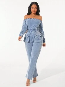 SHEIN SXY Mono vaquero casual con hombros descubiertos para mujer, primavera otoño