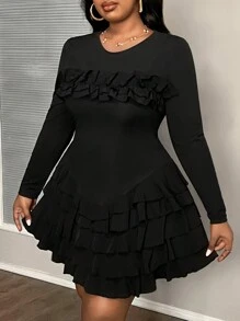 Slaydiva Plus Size Solid Color Knit Ruffle Trim Elegant Dress