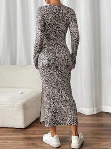 SHEIN Frenchy Dames bodyconjurk met vierkante hals en lange mouwen en luipaardprint