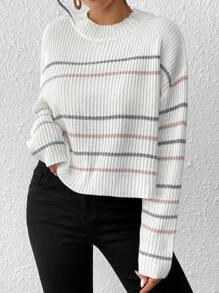 SHEIN VCAY Striped Pattern Drop Shoulder Sweater,Long Sleeve Tops In Fall/Winter - Beige - View 1