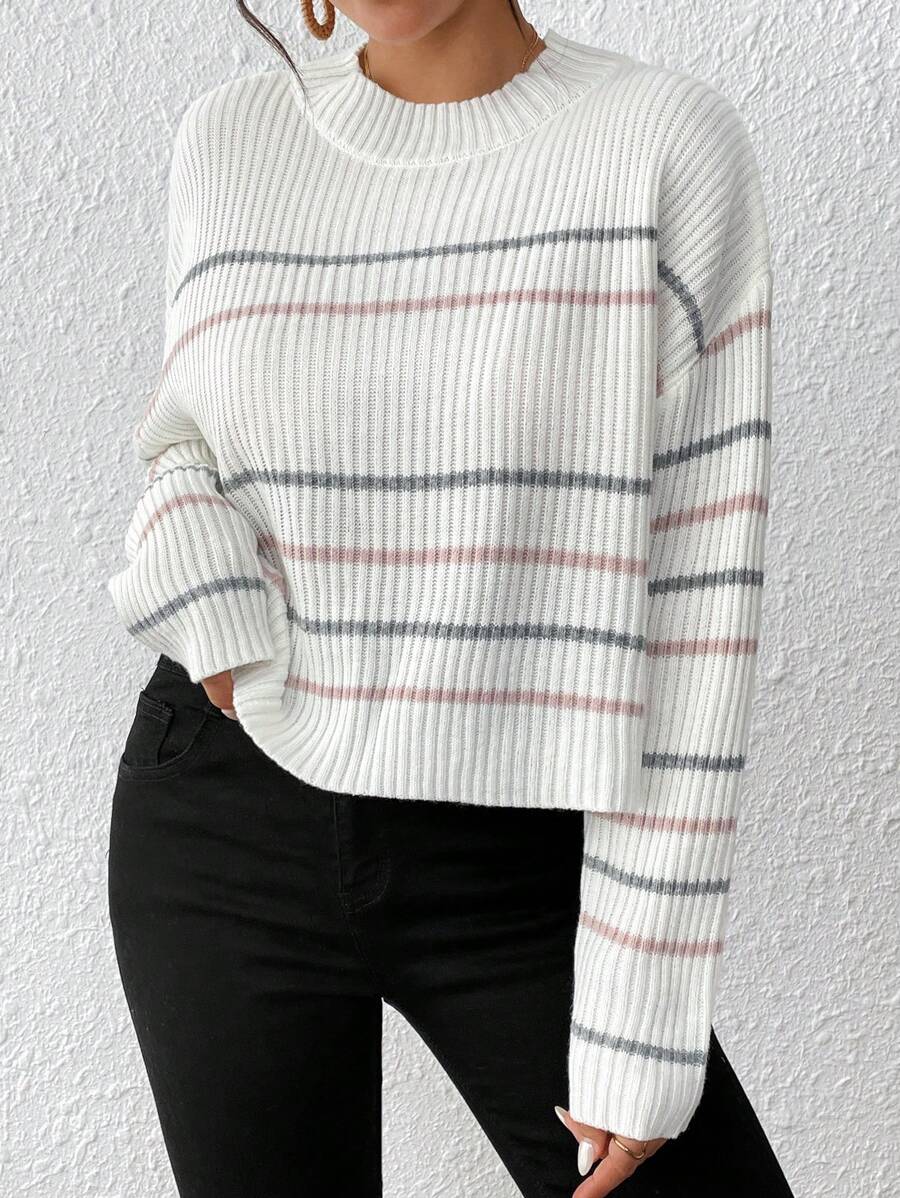 SHEIN VCAY Striped Pattern Drop Shoulder Sweater,Long Sleeve Tops In Fall/Winter - Beige - View 1