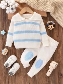 Conjunto de suéter y pantalones de punto rayado grueso y cálido para bebés niños, conjunto informal cómodo y suave para otoño e invierno - Beis - Ver 1