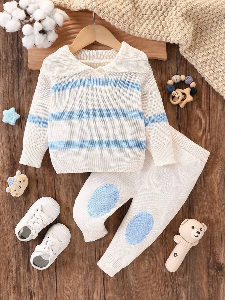 Conjunto de suéter y pantalones de punto rayado grueso y cálido para bebés niños, conjunto informal cómodo y suave para otoño e invierno - Beis - Ver 1