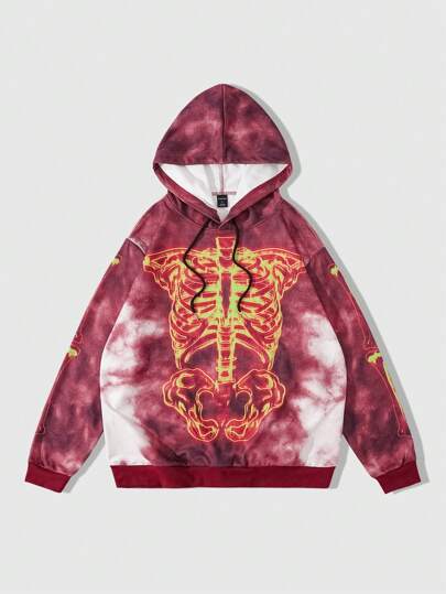 Street Life Men's Autumn/Winter Skeleton Print Drawstring Hooded Casual Sweatshirt, Halloween