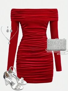 SHEIN Girlism Teen Girls Red Velvet Off Shoulder Ruched Waist Long Sleeve Short Party Dress - Red - View 1
