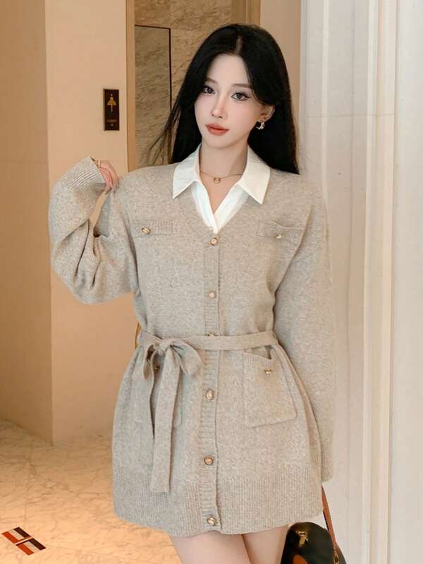 DAZY Floral Chiffon V-Neck Long Belted Loose Cardigan For Women
