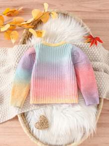 Gradient Color Round Neck Gigot Sleeve Sweater, Cute Baby Girls Knit Top, Autumn - Multicolor - View 2