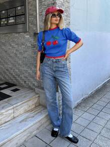 Forever 21 Jesień i zima Kobiety Żółty i czerwony dzianinowy wiśniowy graficzny/Halloween/Boże Narodzenie/Golf/Uroczy/Stroje panieńskie/Vintage/Podstawowe/Okrągły dekolt/Powrót do szkoły/Powrót do domu/Kontrast kolorów/Swobodny/Krótkie rękawy/Podstawowy/Rękawy bufiaste/Sweter