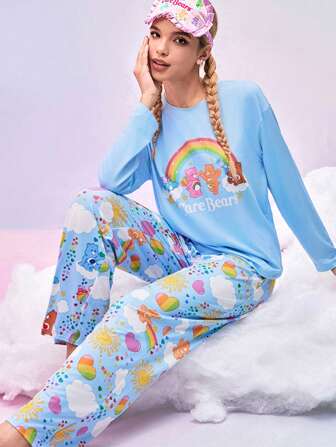 SHEIN X Care Bears Blått och bekvämt set med regnbågsstjärnor, björntryck och långärmad topp och långa byxor för kvinnor, höst- och vinterkläder