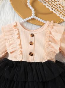 SHEIN 婴儿和女孩可爱蝴蝶结荷叶边袖网眼公主裙，复古风格，秋季 - 彩色 - 查看 6