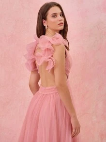 Enchnt Đầm lưới xếp nếp chéo vai màu trơn cho nữ - Hồng - Xem 3
