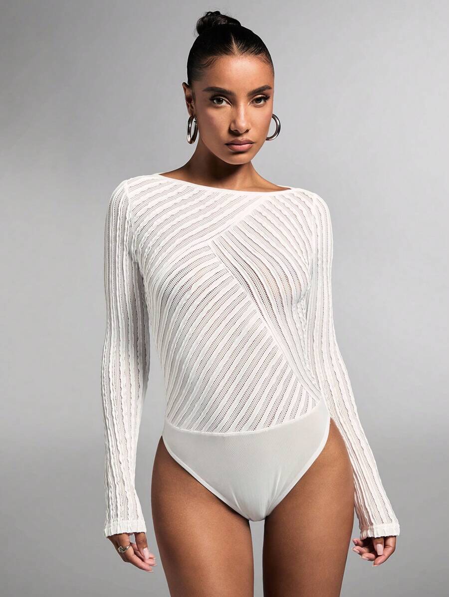 SHEIN BAE Women's Solid Color Scoop Neck Long Sleeve Bodysuit - White - View 1