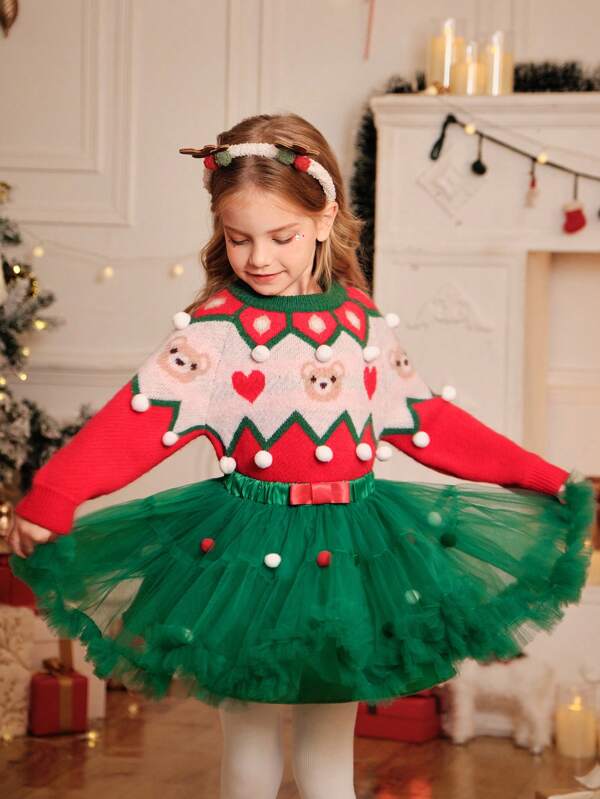 Suéter navideño para niña joven con diseños de oso, corazón, Fair Isle y pompones - Cálido, suave, cuello redondo, manga raglán para vacaciones, fiesta, para capas - Chaqueta de punto para otoño/invierno