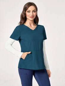 TaskEZ Color Block V-Neck Pocket Long Sleeve Healthcare Worker Scrub Uniform Top - Blue - View 3