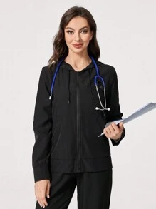 TaskEZ Top de uniforme médico con cremallera frontal de manga larga y capucha minimalista, pantalón informal de bolsillo doble, conjunto de enfermera, top de cuello redondo de uniforme médico, uniforme deportivo casual simple para limpieza