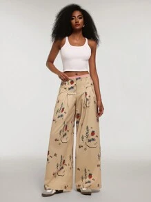 Forever 21 秋冬新款低腰奇特图案印花个性设计裤 - 卡其色 - 查看 7