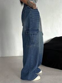 DAZY 女式抽绳口袋工装牛仔裤、宽松牛仔裤 - 中等水洗藍 - 查看 7