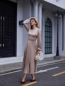 EMERY ROSE 时尚百搭缎面闪亮收腰百褶领连衣裙 - 粉色 - 查看 3