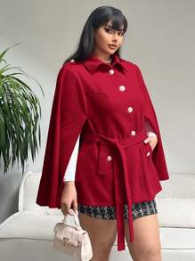 SHEIN Unity Plus Size Button Long Sleeve Split Waist Tie Fashion Knitted Coat - Red - View 4