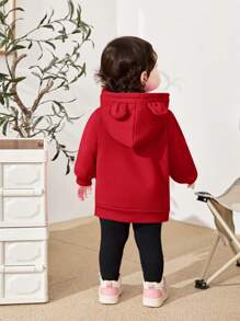 SHEIN Baby Girl Cute Versatile 3D Ear Hooded Fleece Sweatshirt, Autumn Winter - Red - View 2