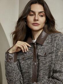 Anewsta Urban Style PU Patchwork Women's Plaid Long Sleeve Jacket - Brown - View 6