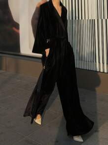 DAZY Women's Solid Color Lapel Collar Long Sleeve Elegant Velvet Wide Leg Jumpsuit,Back To School Clothes