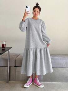 DAZY 女式超大圆领泡泡袖运动衫连衣裙，中长款，荷叶边，秋季服装 - 深灰色 - 查看 5