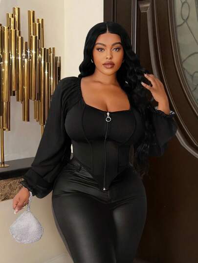 Slaydiva Blusa negra elegante de talla grande con escote cuadrado, cremallera, mangas abullonadas largas y cintura ceñida para otoño