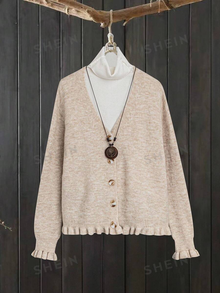 EMERY ROSE Cárdigan casual de cuello alto con volantes y parches de color contrastante, otoño