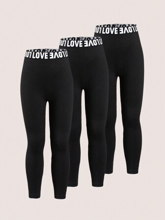 3pcs/Set Young Girl Graphic Belt Waist Comfortable Sport Leggings, Black, School, Campus, College Summer Holiday