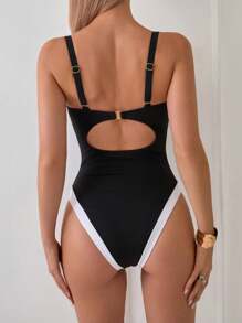 Swim Chiccia 1 件女式拼色 V 领钢圈连体泳衣夏季 - 黑與白 - 查看 2